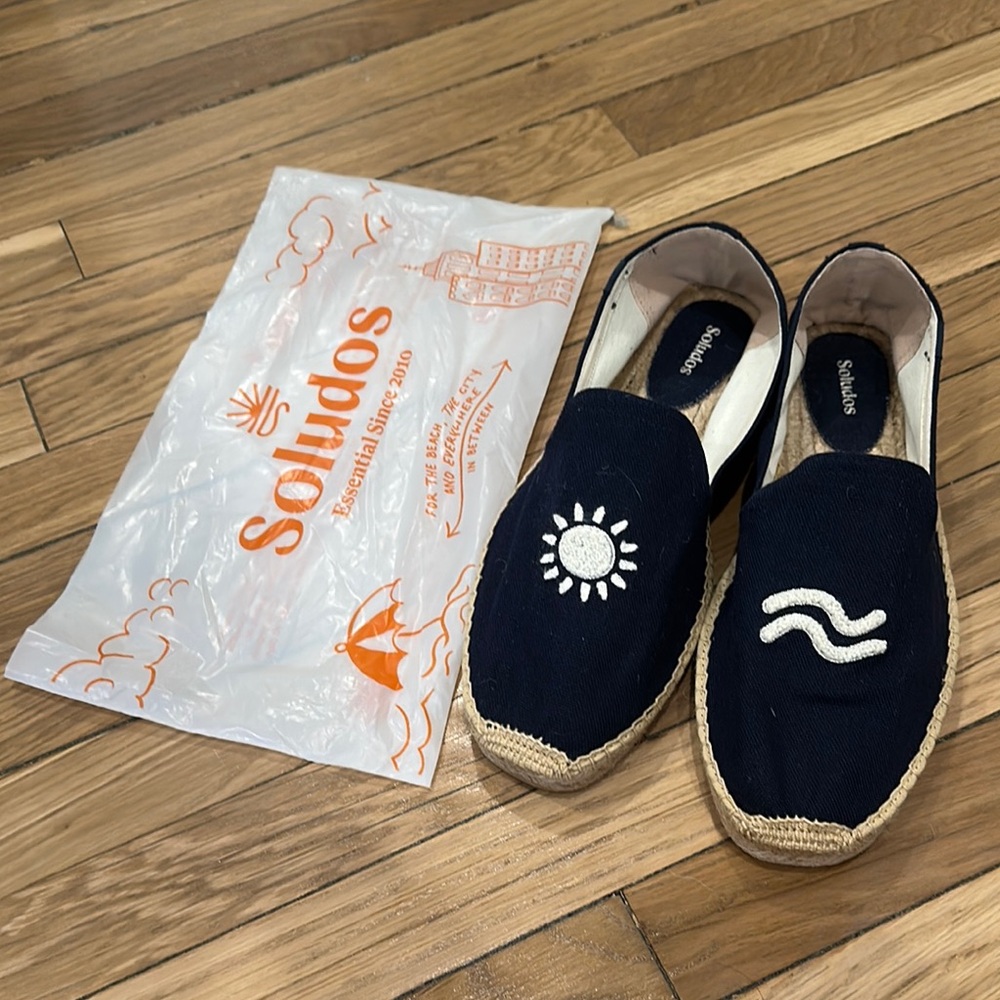 Soludos Dark Blue Espadrilles with Sun and Wave Embroidery